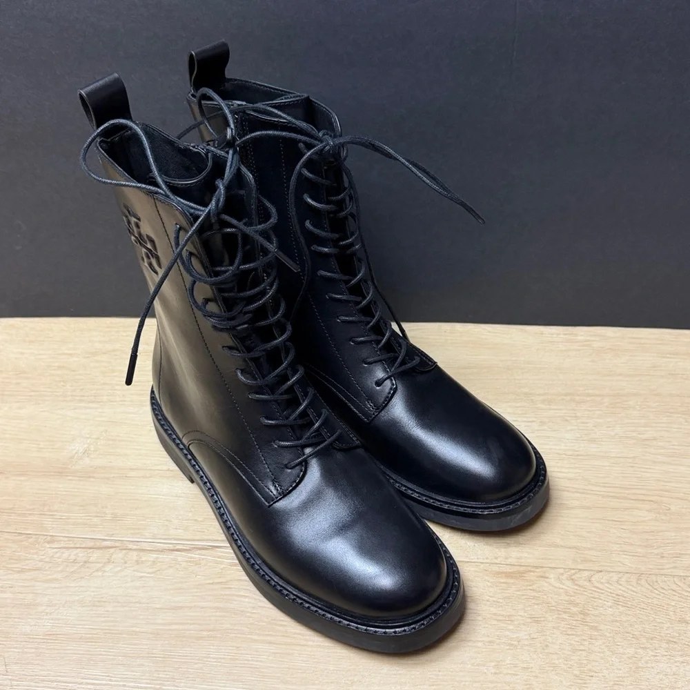 Tory Burch Black Embossed Logo Leather Lace-Up Boots, SIZE 8